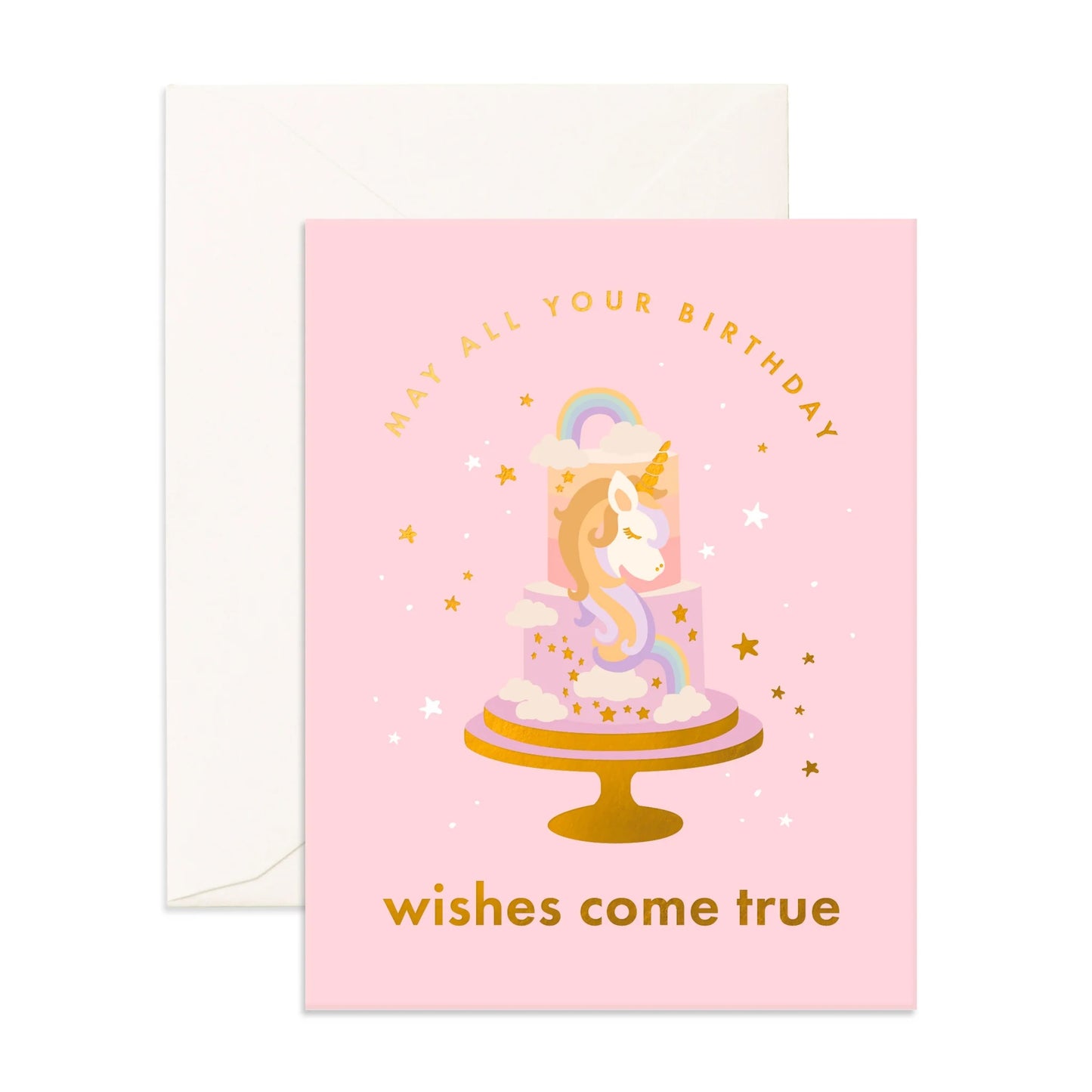 Pink birthday card with unicorn and cake illustration on a white background