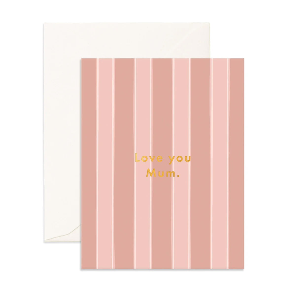 Greeting card with pink striped design and 'Love you Mum.' text on a white background