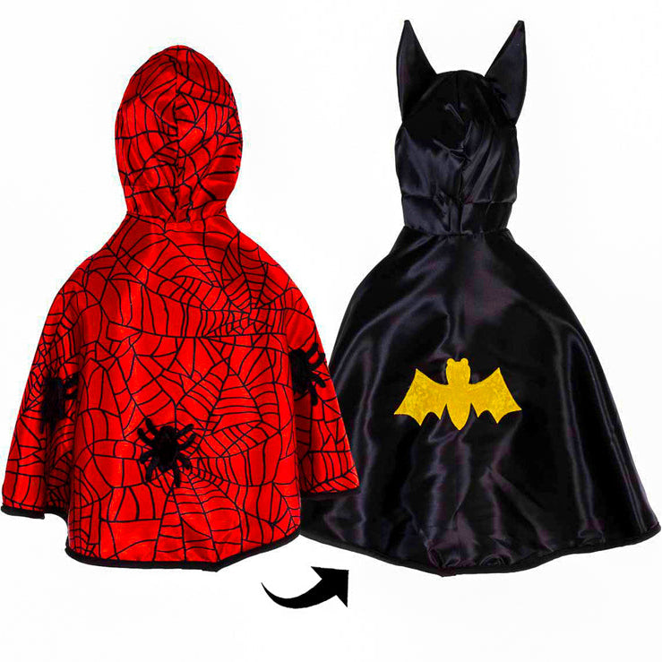 Red spider-web patterned cape with black hood and a black cape with yellow bat symbol on a white background.