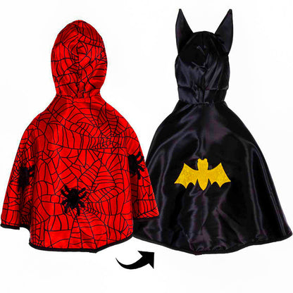 Red spider-web patterned cape with black hood and a black cape with yellow bat symbol on a white background.