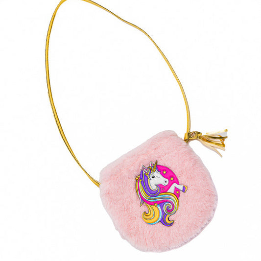 Pink plush bag with a unicorn design on a white background