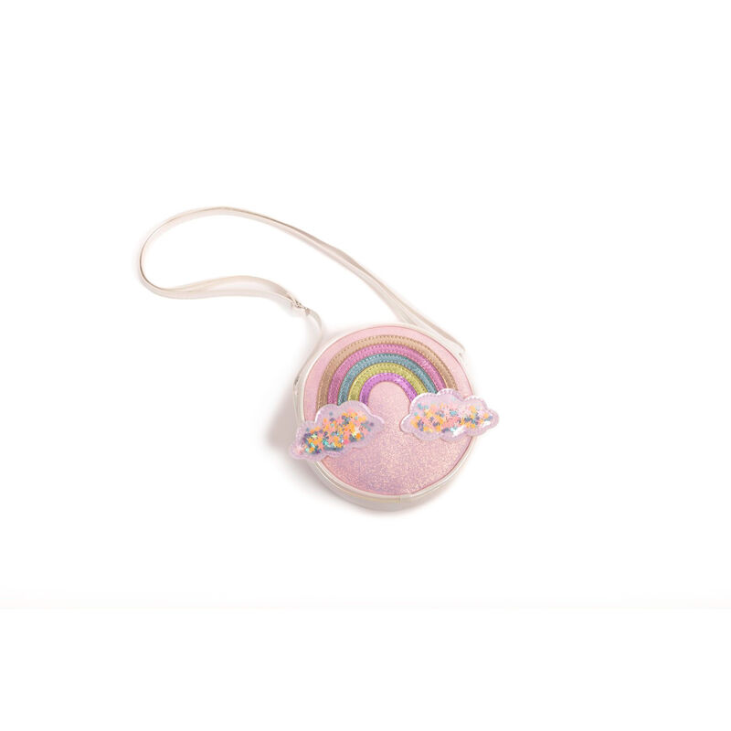 Small pink bag with rainbow design on a white background