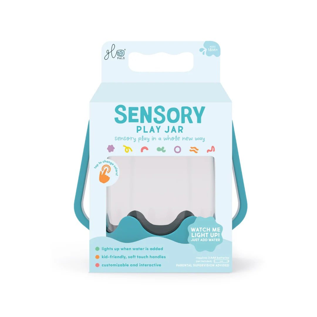 Sensory play jar packaging with blue and white design on a white background