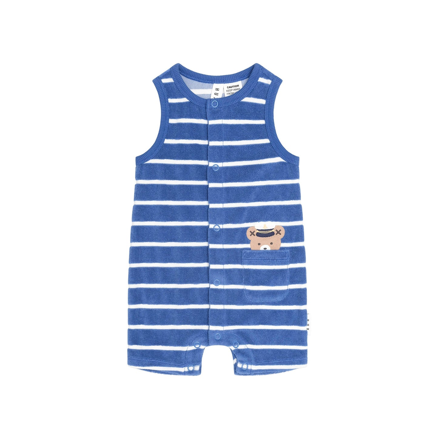 A blue and white striped corduroy baby romper with a button-up front and a small embroidered teddy bear patch on the chest, shown flat on a white background.