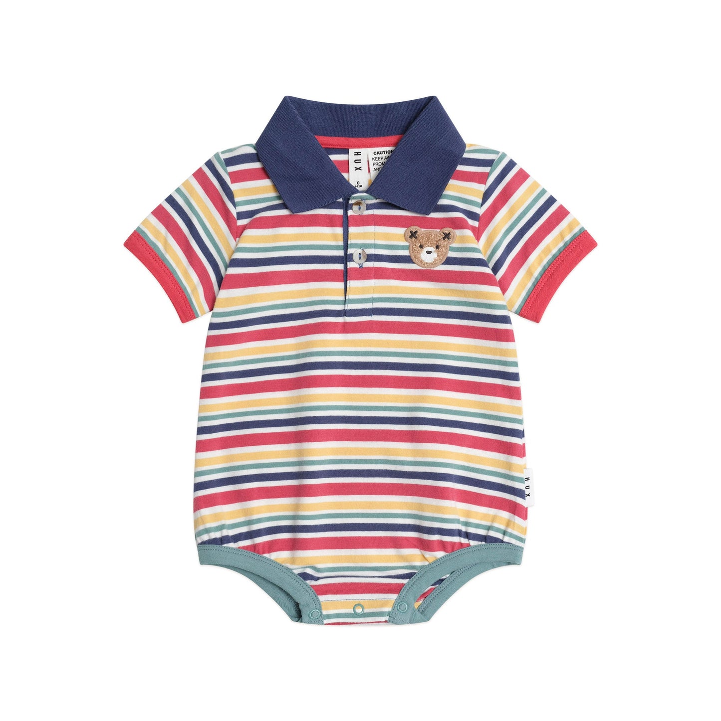 Striped baby bodysuit with a collar on a white background