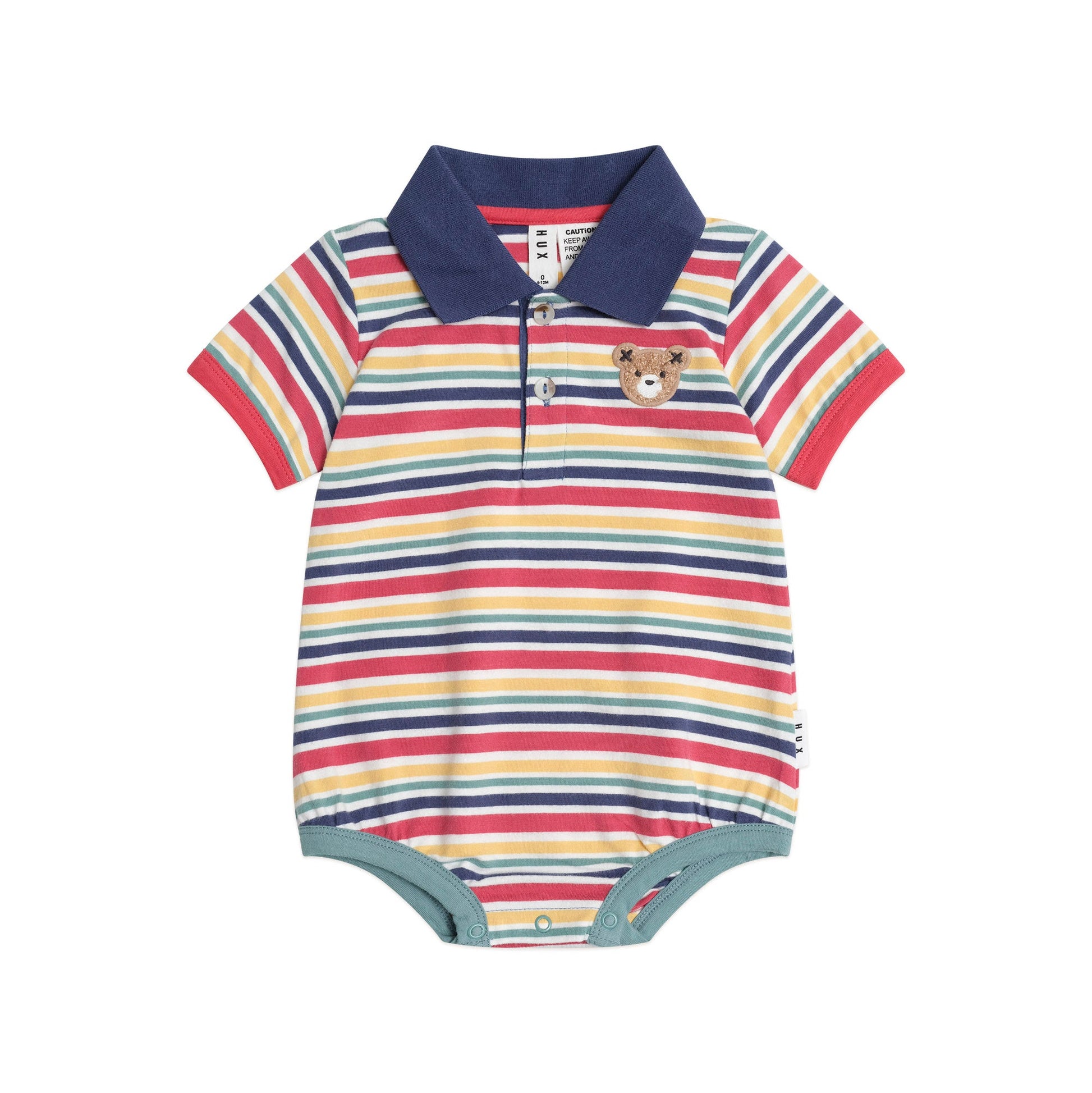 Striped baby bodysuit with a collar on a white background