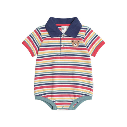 Striped baby bodysuit with a collar on a white background