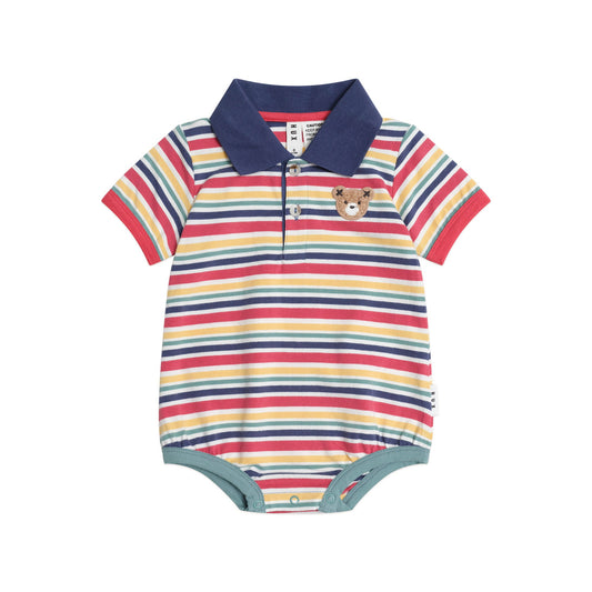 Striped baby bodysuit with a collar on a white background
