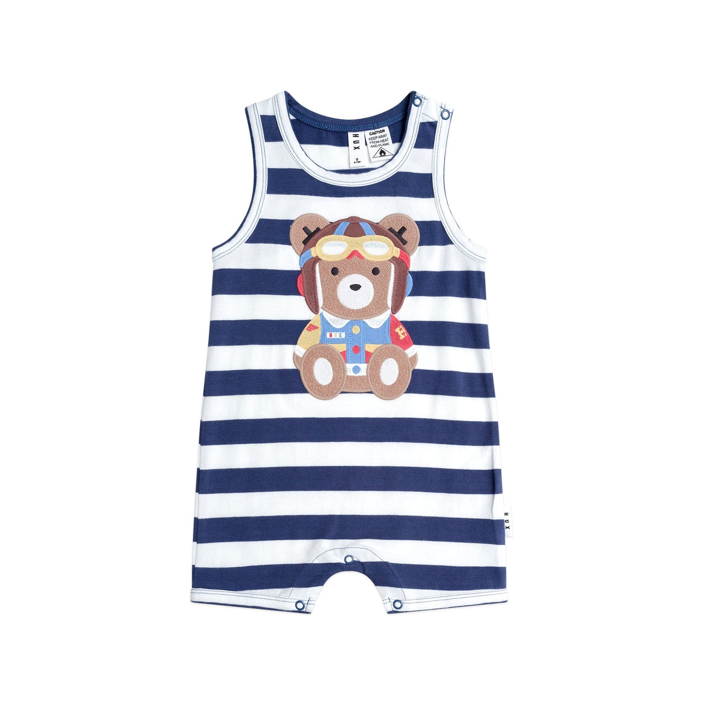 Navy and white striped romper with teddy bear design on a white background