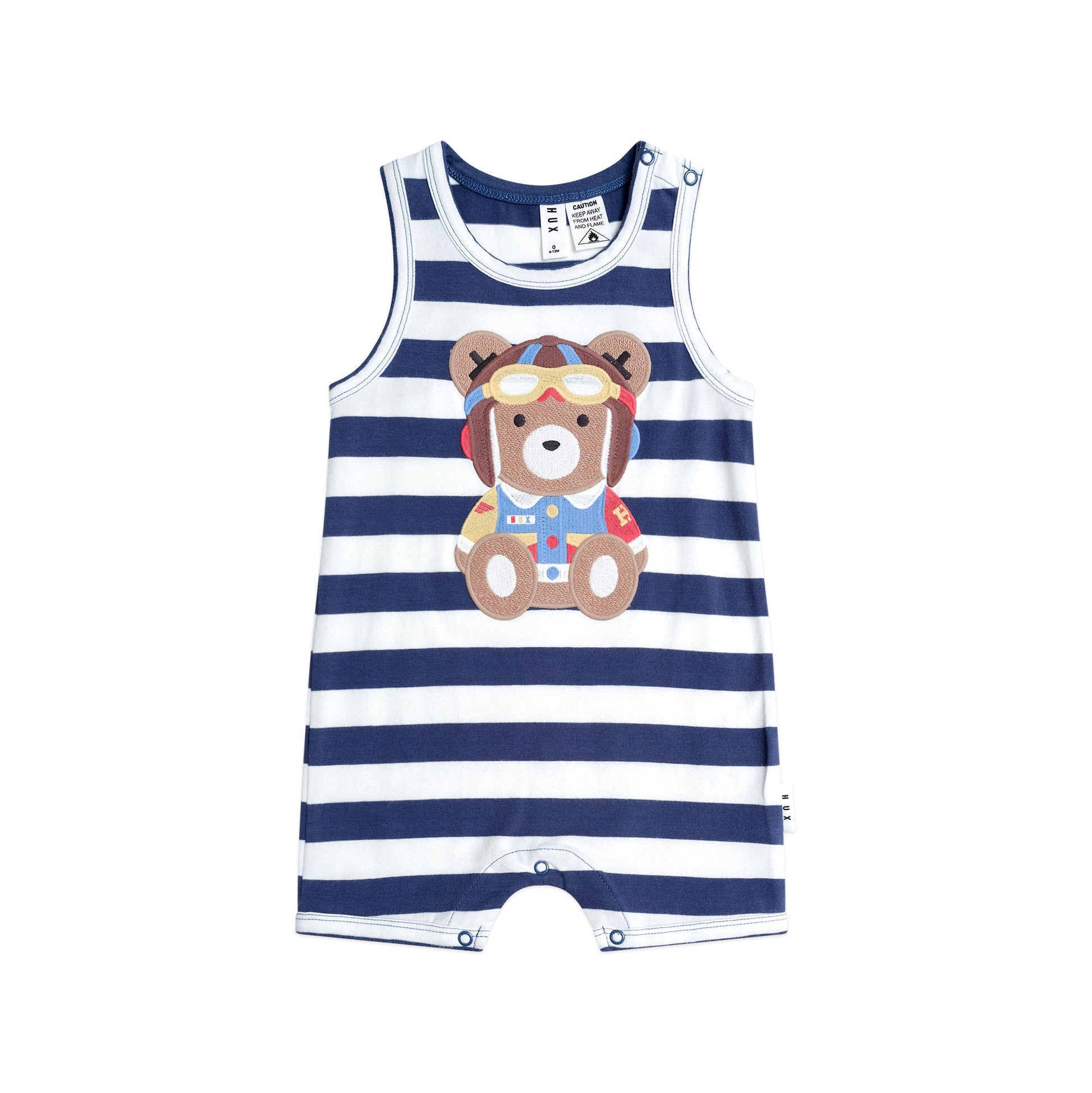 Navy and white striped romper with teddy bear design on a white background