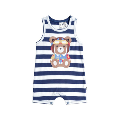 Navy and white striped romper with teddy bear design on a white background