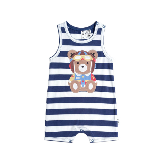 Navy and white striped romper with teddy bear design on a white background