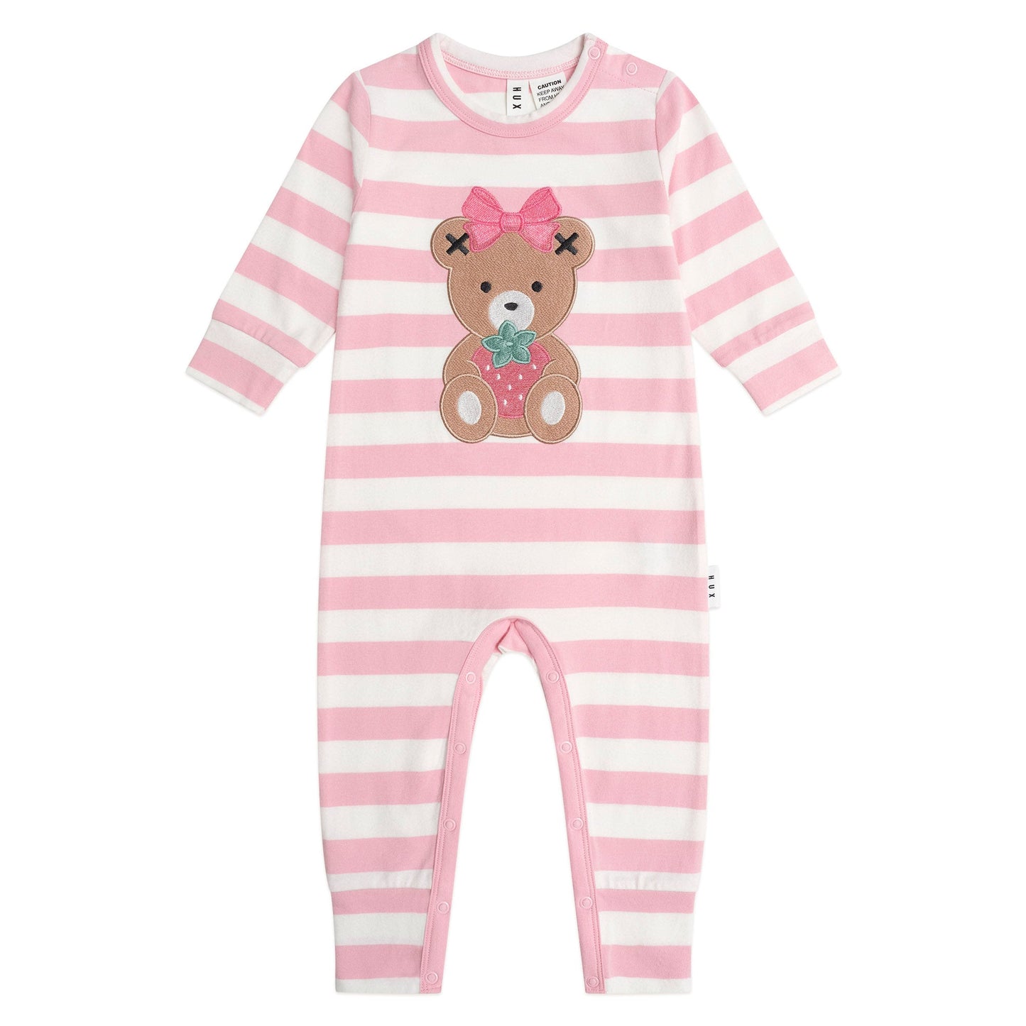 Pink and white striped baby romper with teddy bear design on a white background