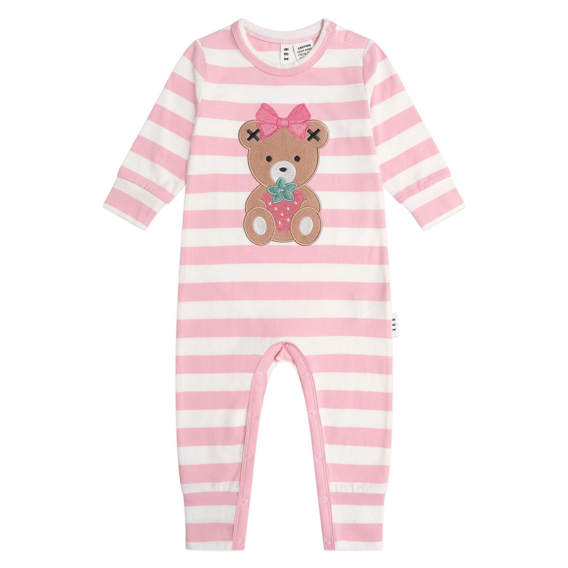 Pink and white striped baby romper with teddy bear design on a white background