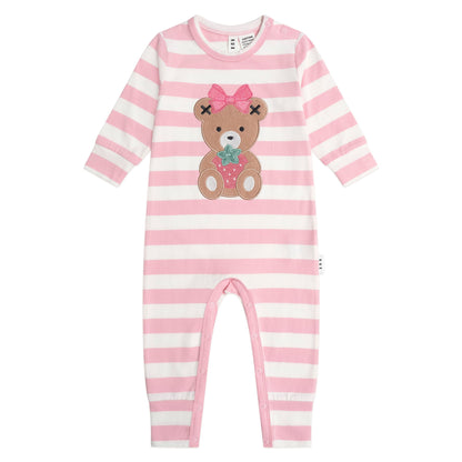 Pink and white striped baby romper with teddy bear design on a white background