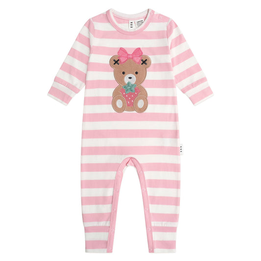 Pink and white striped baby romper with teddy bear design on a white background