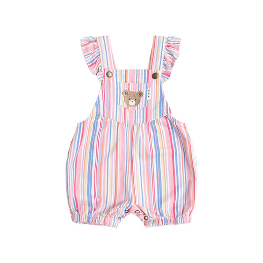 Striped baby romper with bear design on a white background