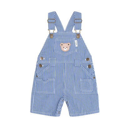 Blue and white striped baby overalls with a teddy bear face patch on the chest, adjustable shoulder straps, and front pockets, shown on a plain white background.