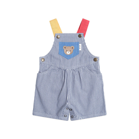 Blue striped baby romper with bear design on a white background