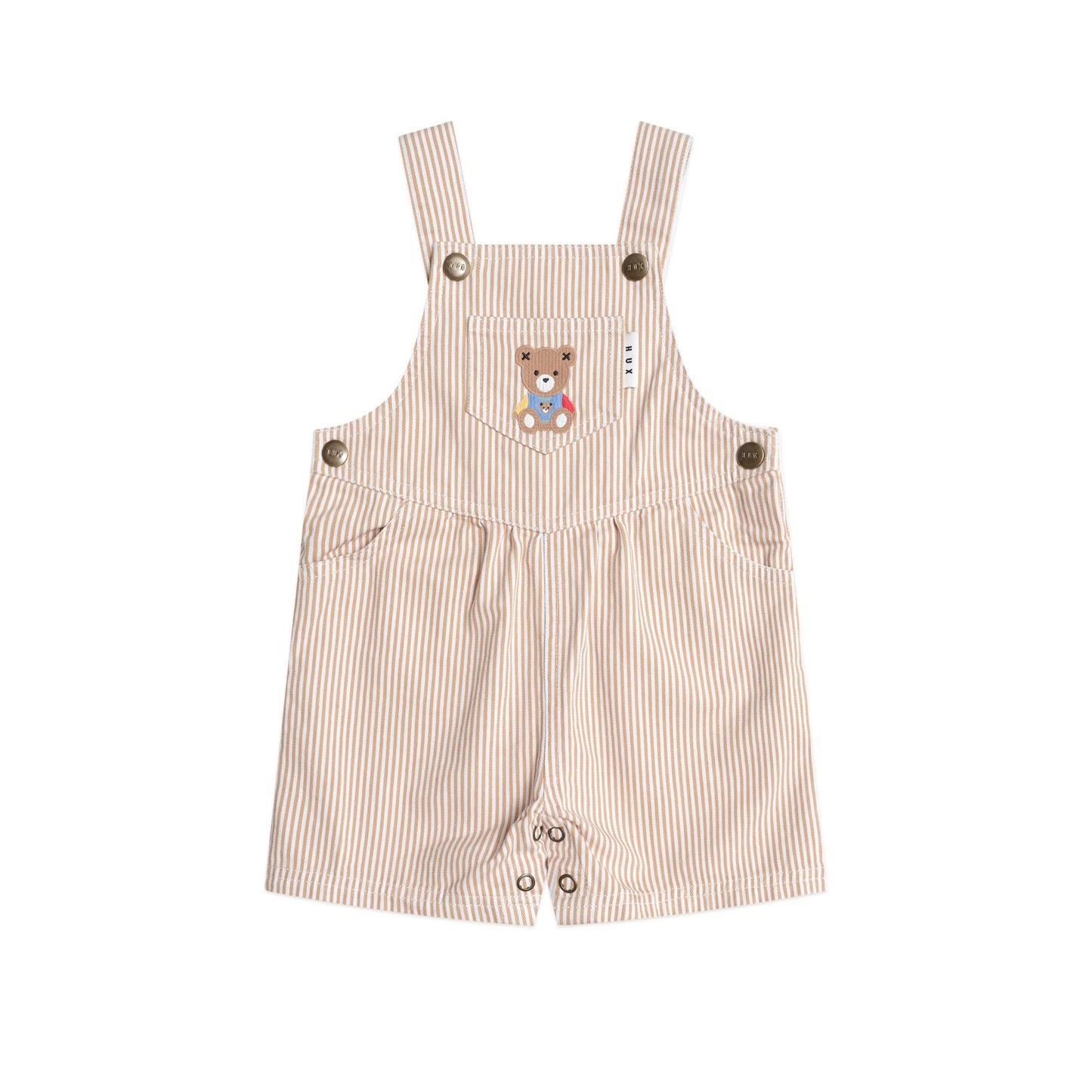 Beige striped overalls with a teddy bear design on a white background