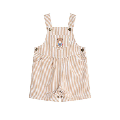 Beige striped overalls with a teddy bear design on a white background
