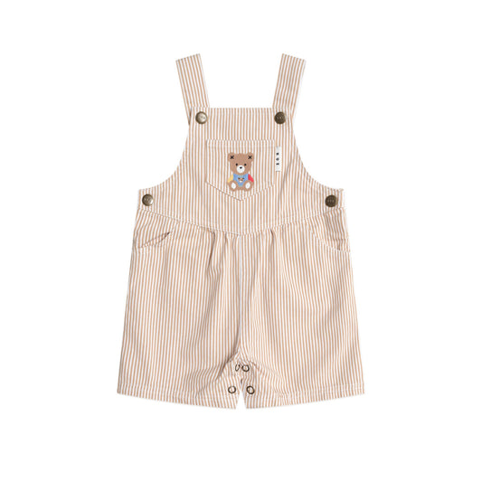 Beige striped overalls with a teddy bear design on a white background