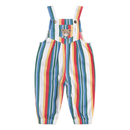Multicolored striped overalls with a teddy bear design on a white background