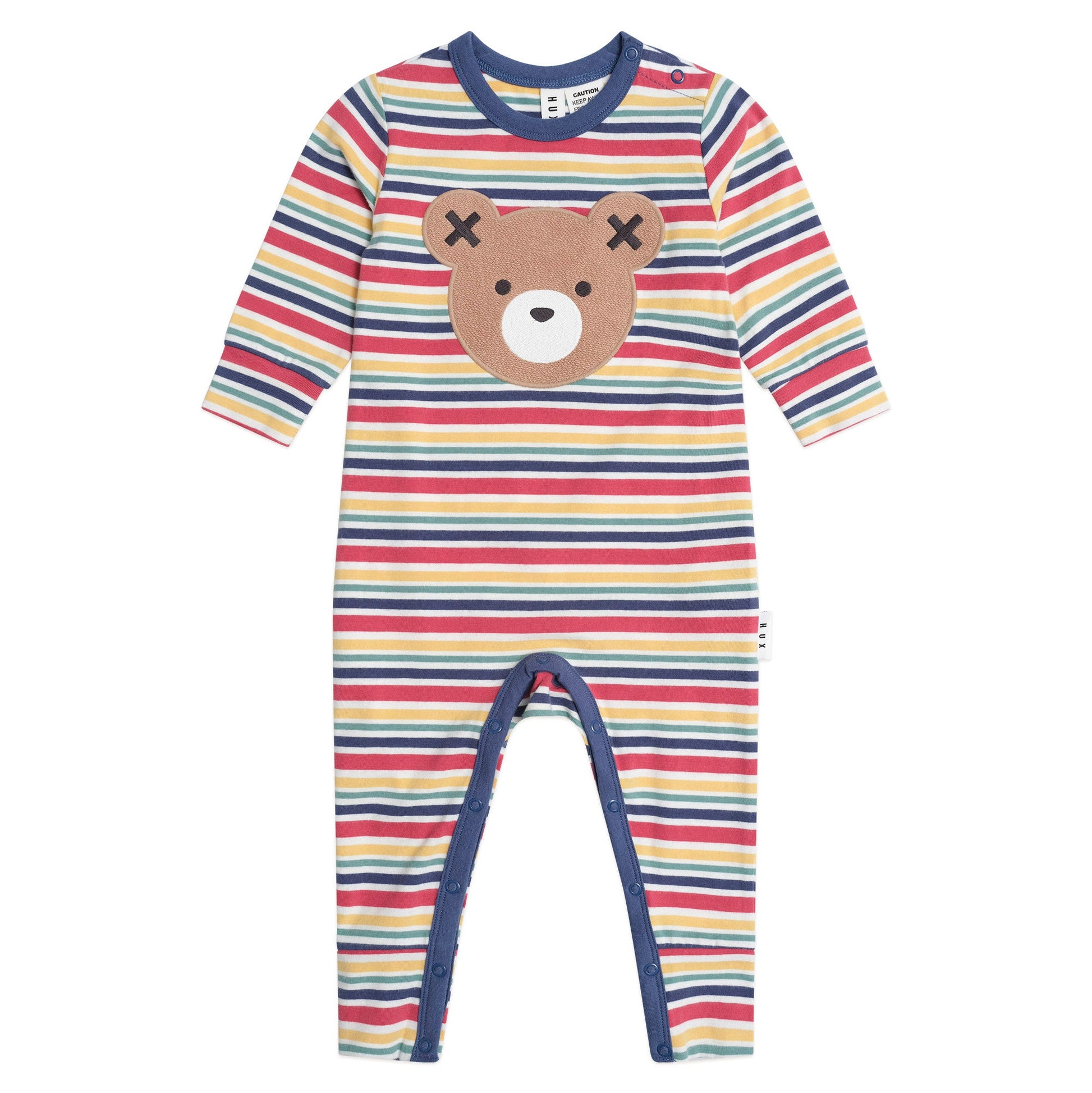 Multicolored striped baby onesie with a teddy bear face on a white background