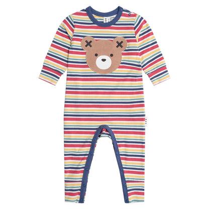 Multicolored striped baby onesie with a teddy bear face on a white background
