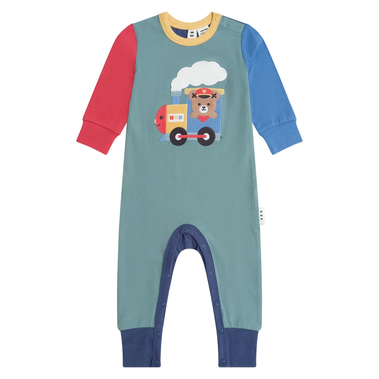 Children's onesie with a train design on a white background