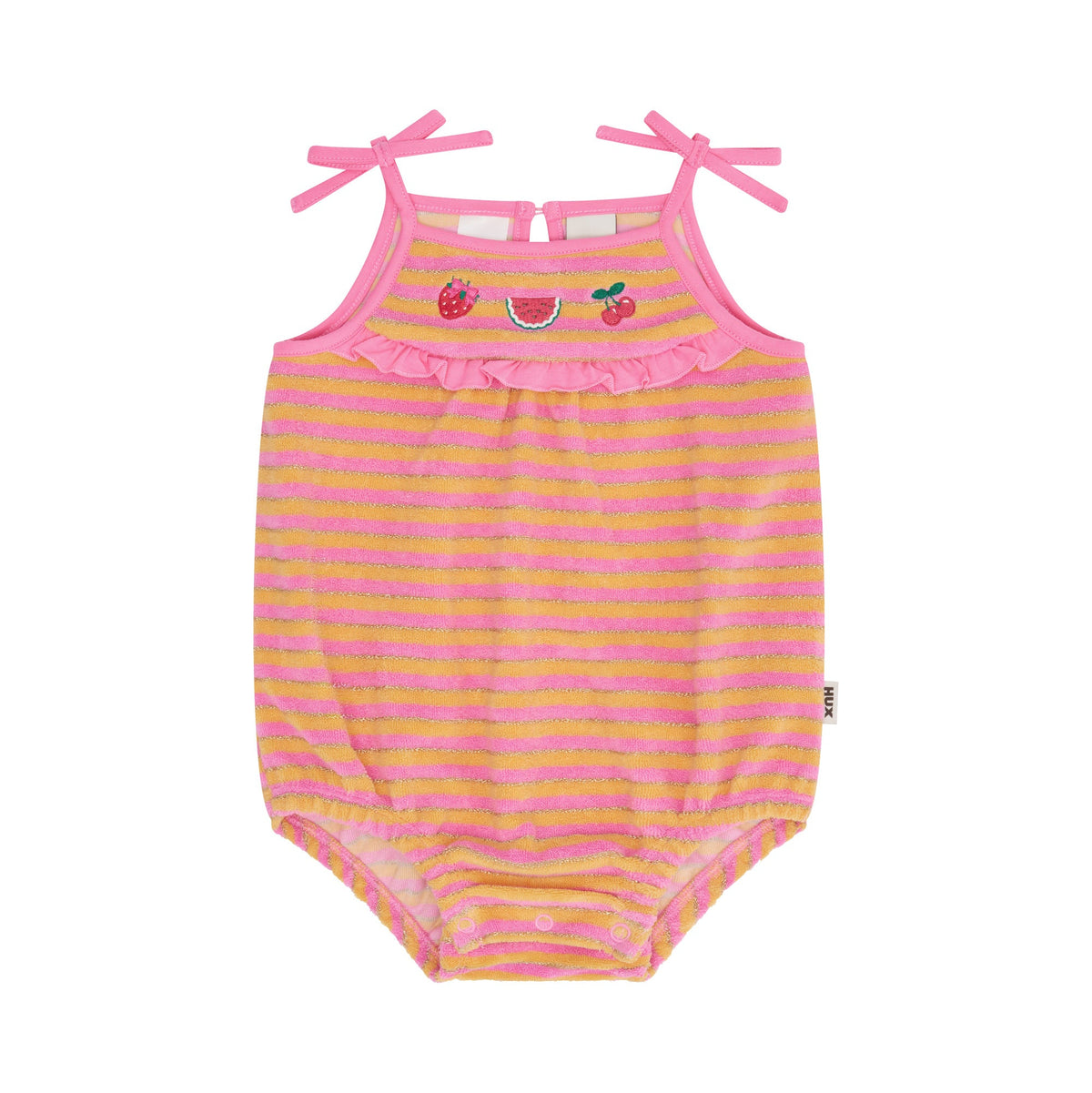 Pink and yellow striped baby bodysuit with pink shoulder ties, ruffled neckline, and fruit embroidery, shown on a plain white background.