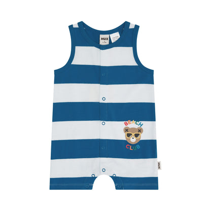 A baby sleeveless romper with horizontal blue and white stripes, featuring a bear face graphic with sunglasses and the text 'BEE CLUB' on the lower right side. The romper has snap closures down the front and is shown flat against a white background.