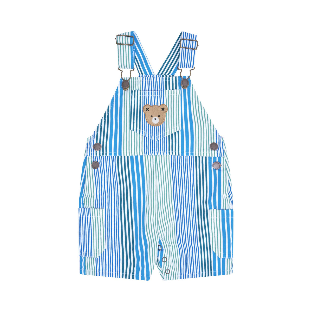 Blue and white striped baby overall romper with a small bear face patch on the chest, photographed on a solid white background.