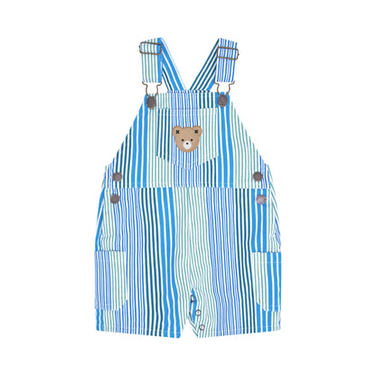 Blue and white striped baby overall romper with a small bear face patch on the chest, photographed on a solid white background.