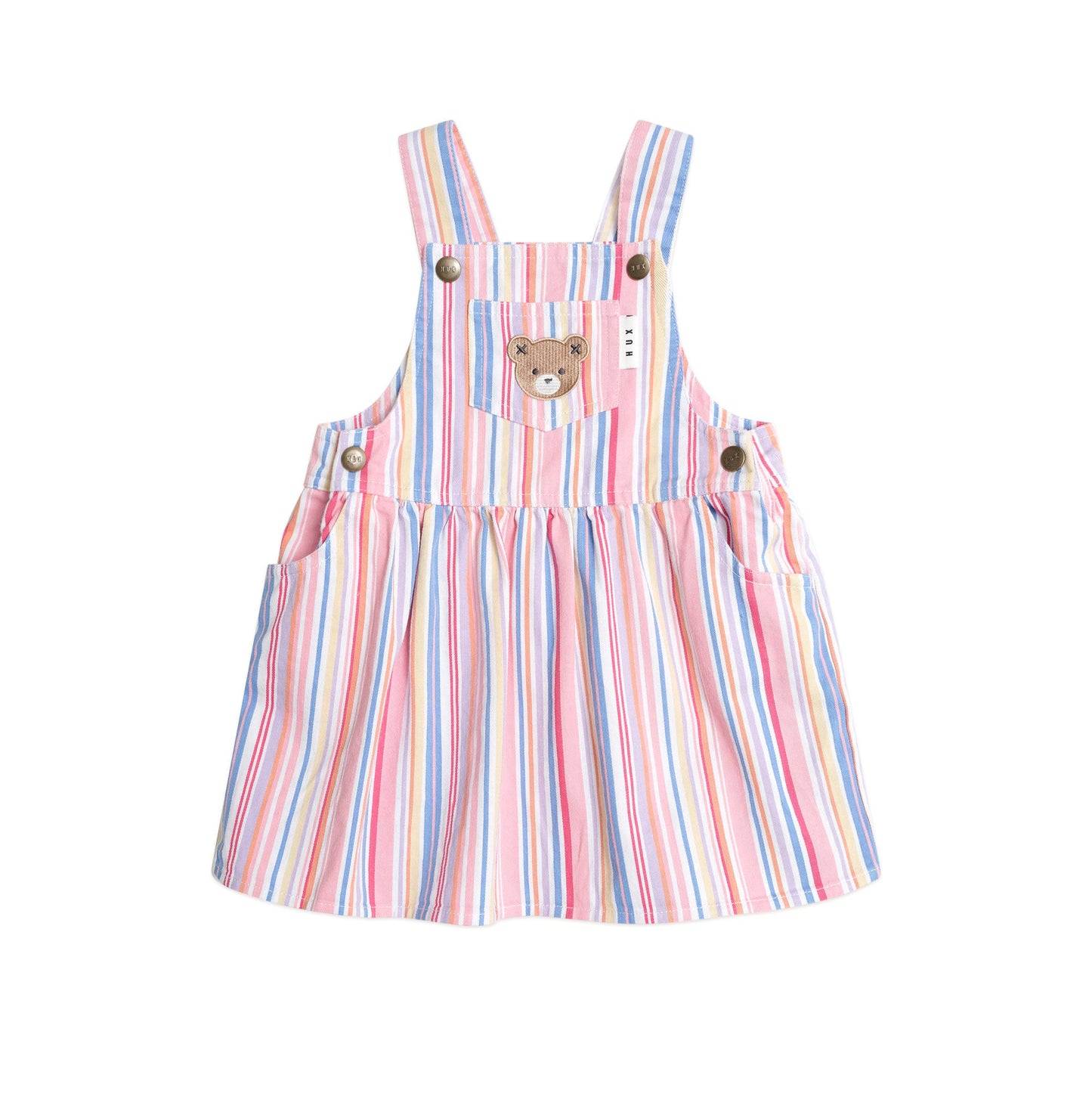 Striped dress with bear design on a white background
