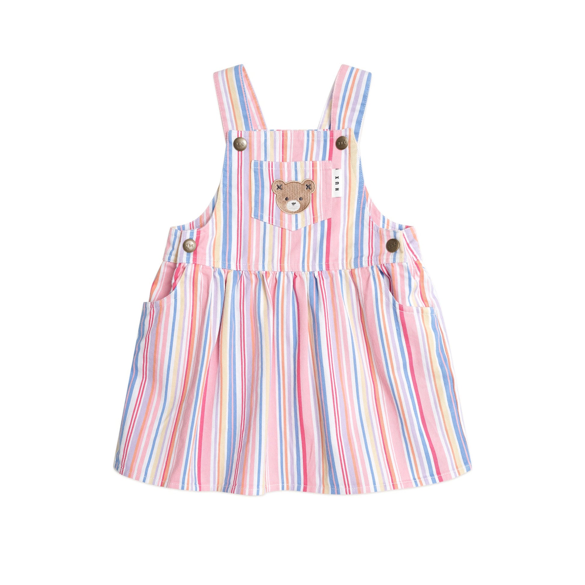 Striped dress with bear design on a white background