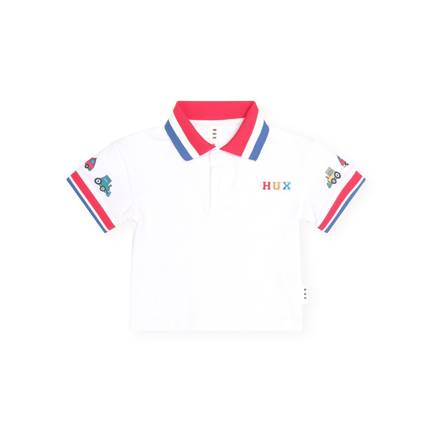 A white short-sleeve polo shirt for kids, featuring a red and blue striped collar, matching striped sleeve cuffs, a colorful 'HUX' logo on the left chest, and cartoon graphics on the sleeves, presented on a solid white background.