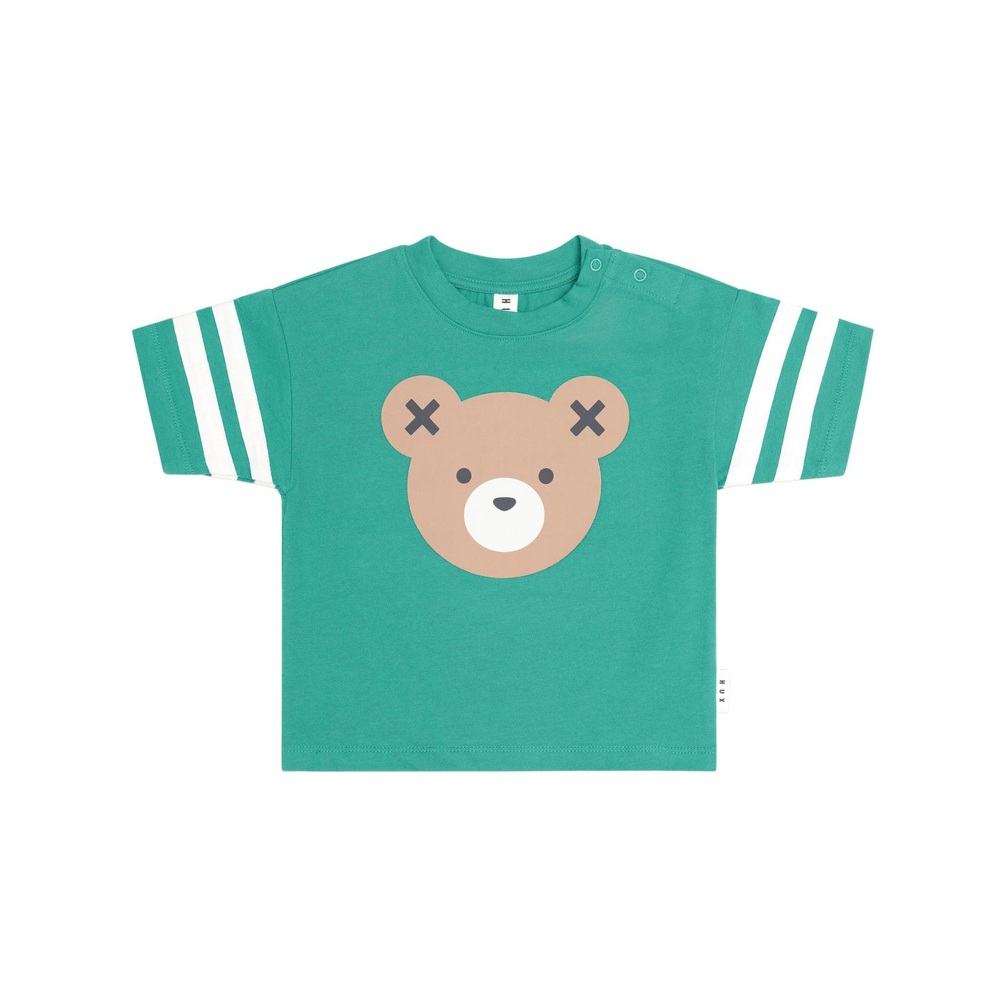 A green short-sleeve kids' t-shirt featuring a cartoon teddy bear face graphic on the front and white stripes on the sleeves, shown against a plain white background.