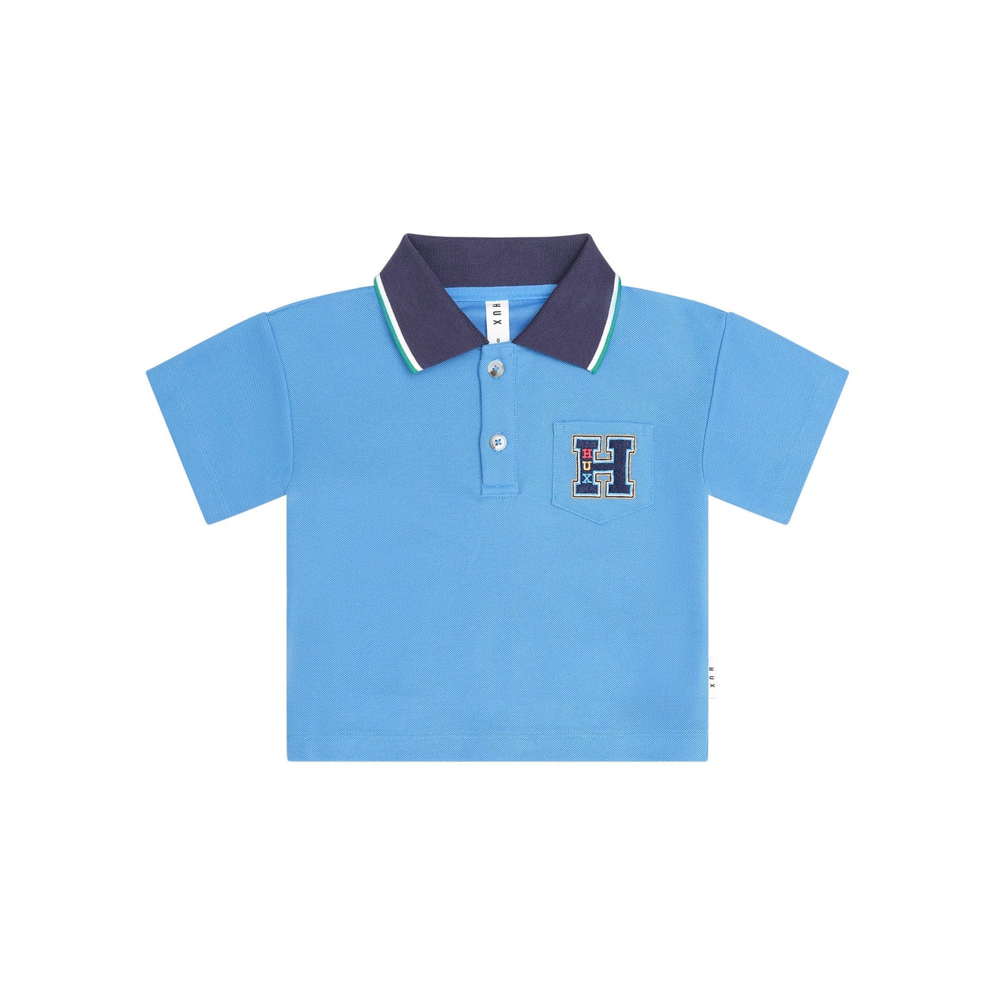 A light blue short-sleeve polo shirt for kids, featuring a dark navy blue collar with thin green and white stripes, a two-button placket, and a decorative embroidered letter 'H' patch on the left chest.