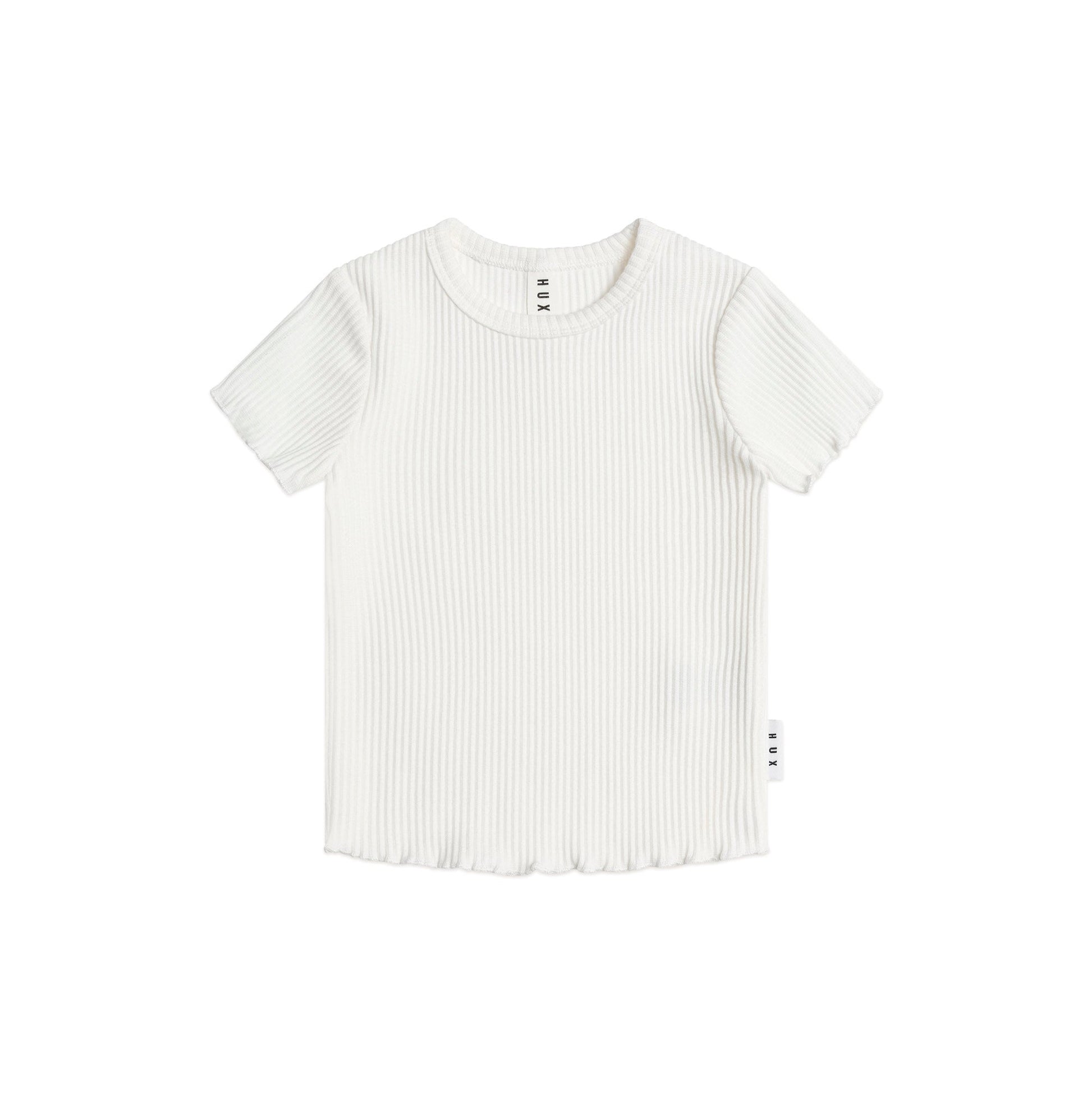 White t-shirt with thin black stripes on a white background