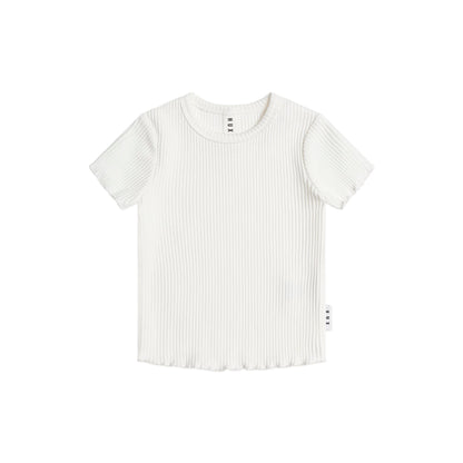 White t-shirt with thin black stripes on a white background
