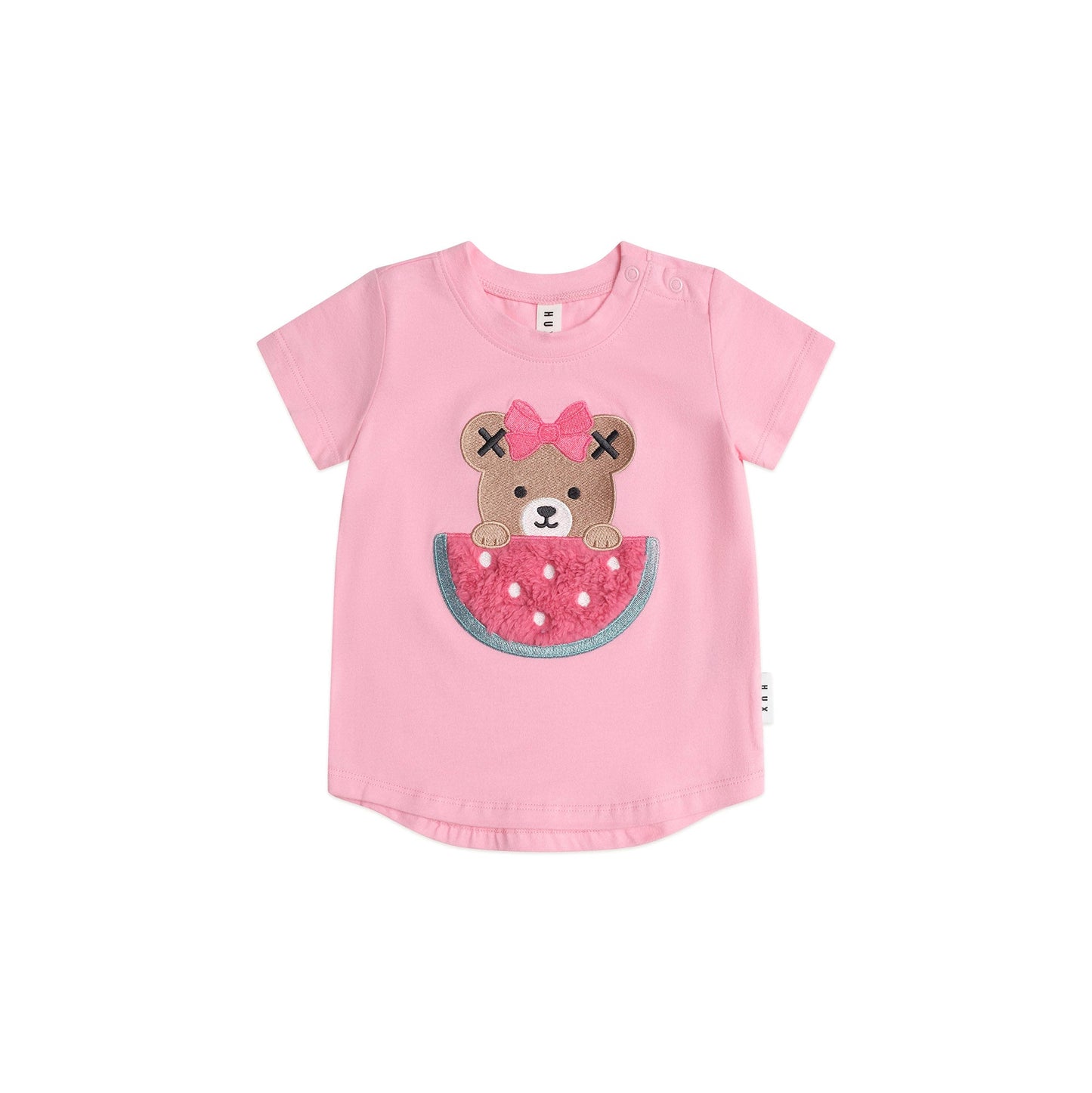 Pink children's t-shirt with a bear design on a white background
