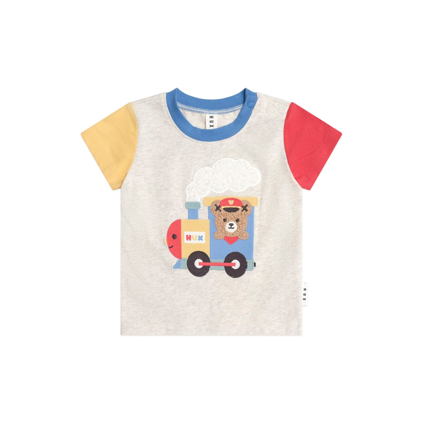 Children's t-shirt with a bear in a train design on a white background