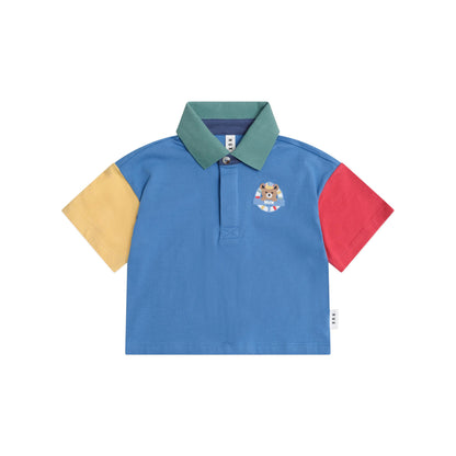 Color-blocked polo shirt with a logo on a white background