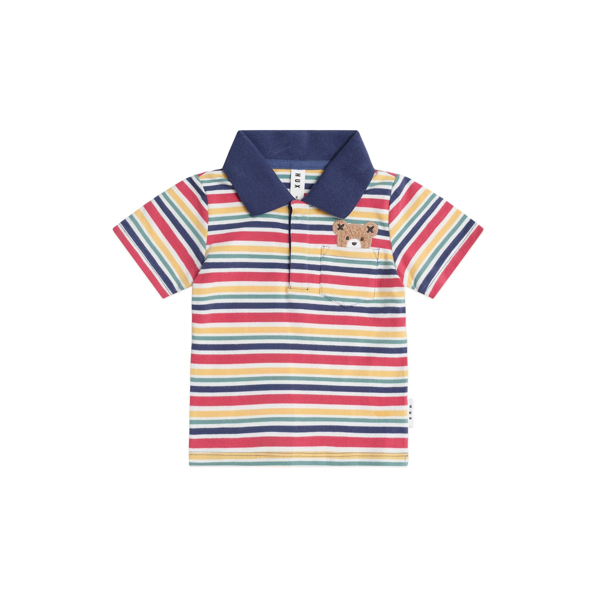 Multicolored striped polo shirt with a collar on a white background