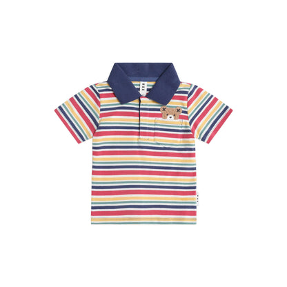 Multicolored striped polo shirt with a collar on a white background