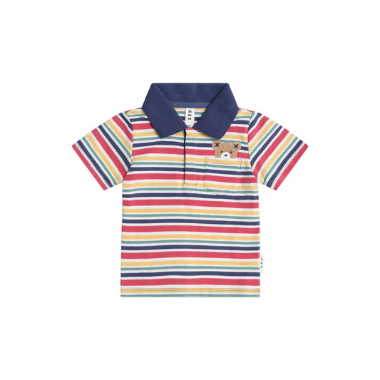 Multicolored striped polo shirt with a collar on a white background