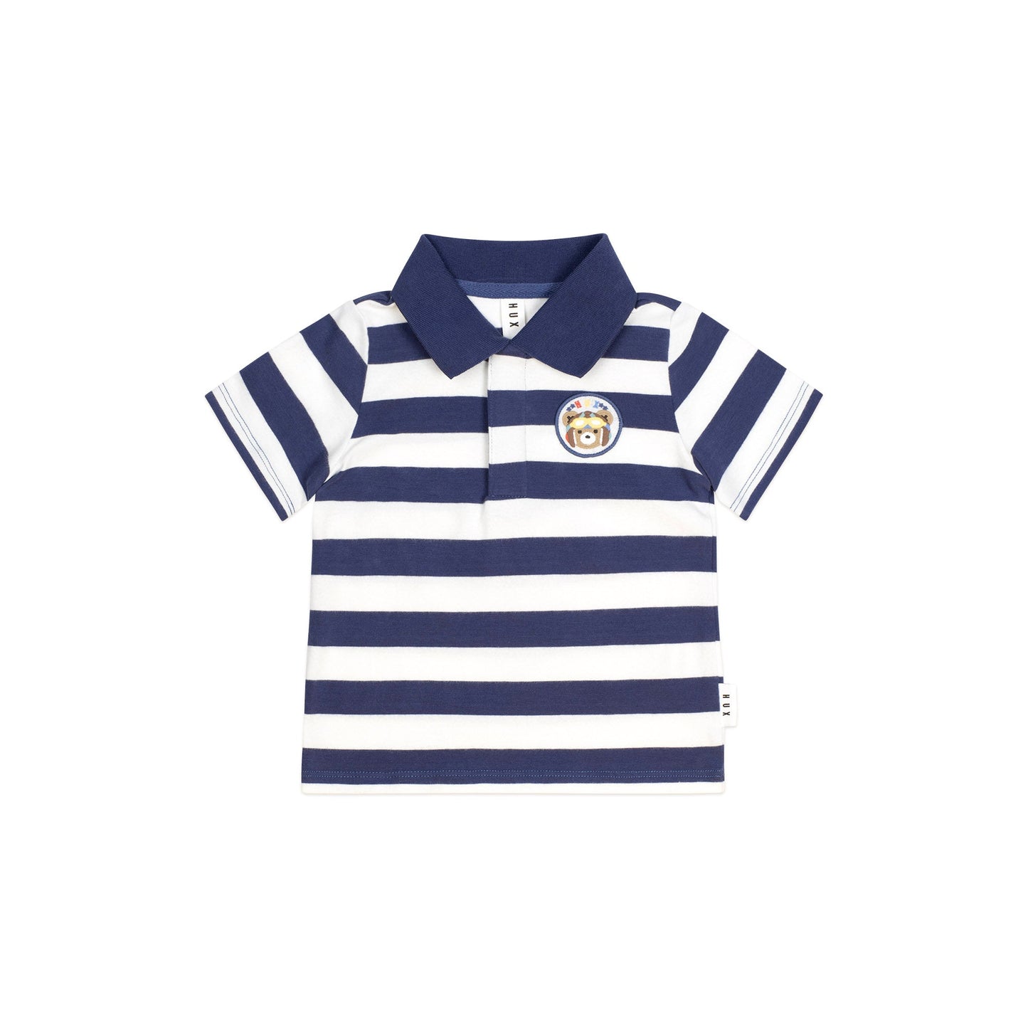 Navy and white striped polo shirt on a white background