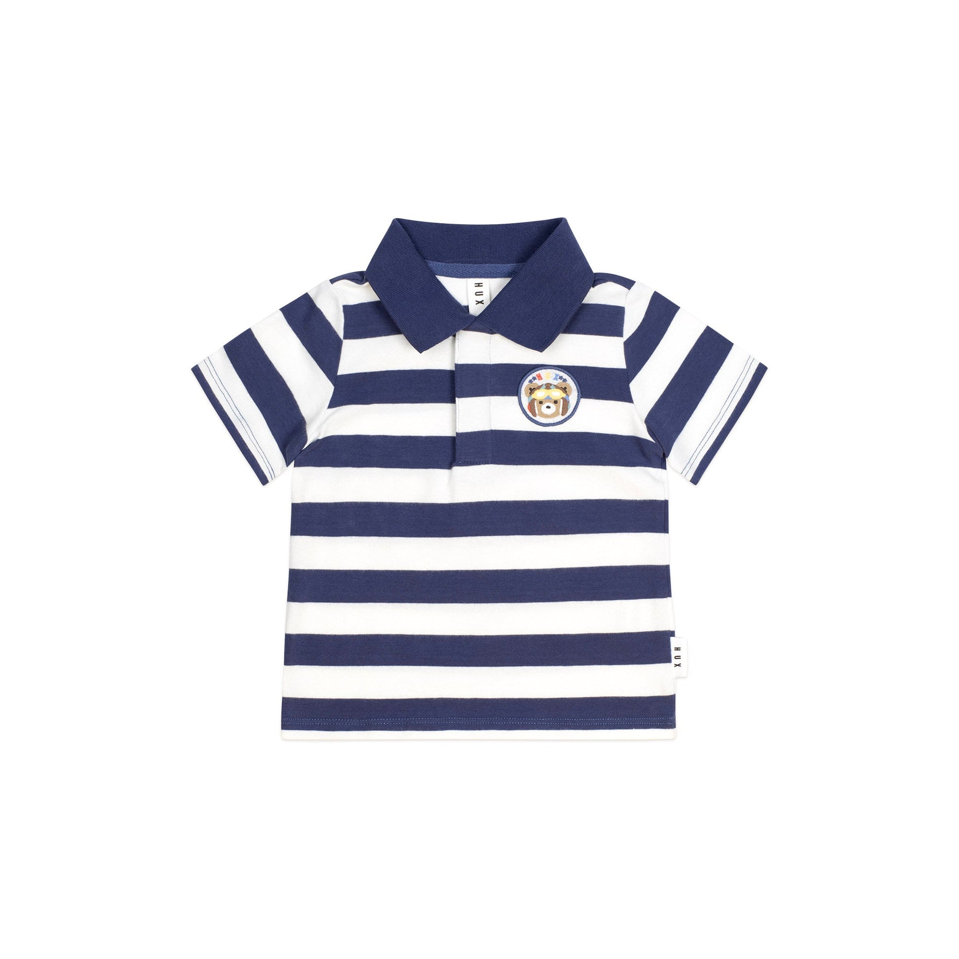 Navy and white striped polo shirt on a white background