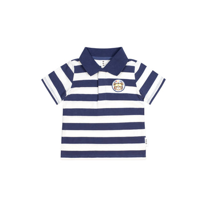 Navy and white striped polo shirt on a white background
